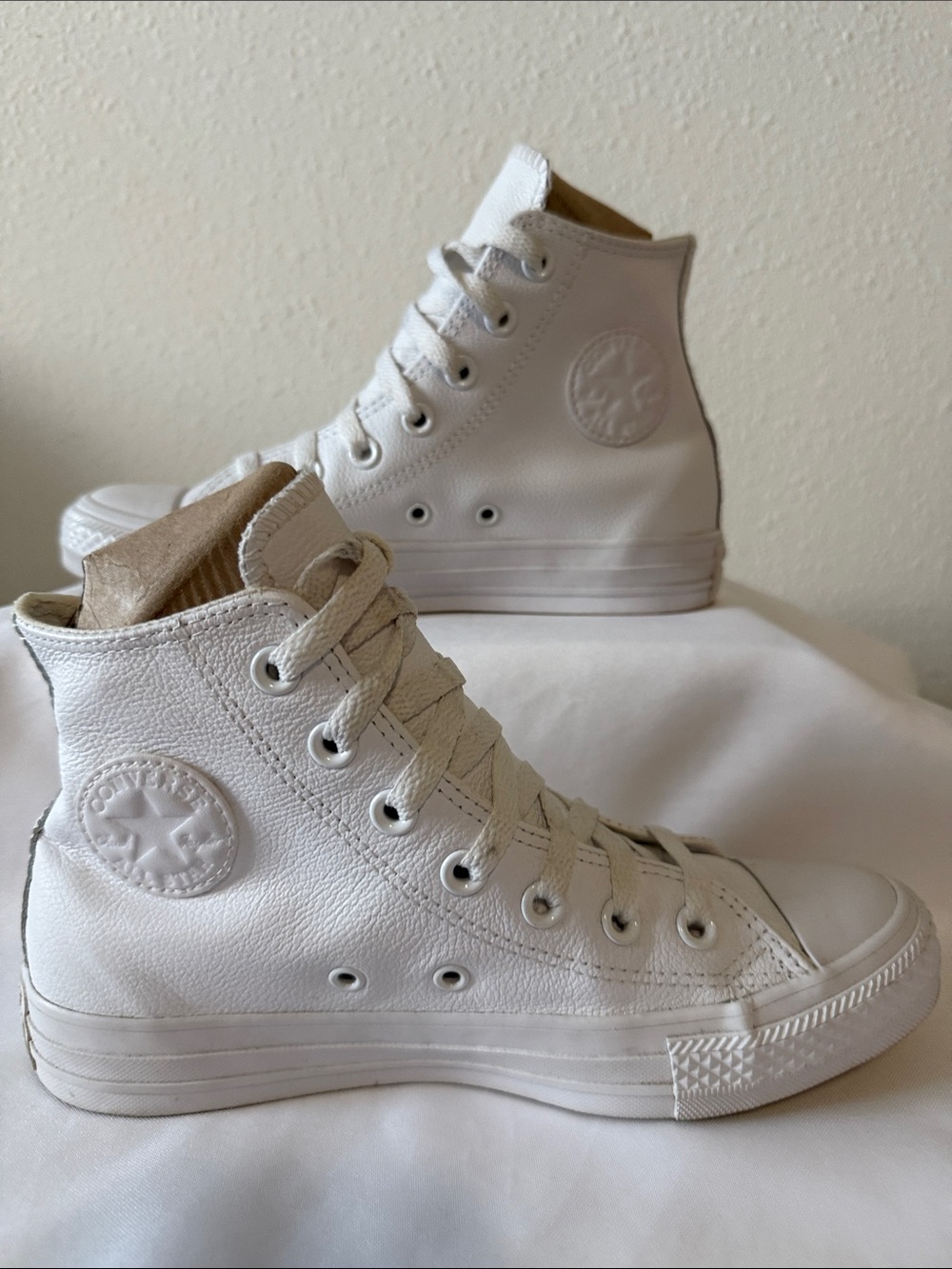 Converse White High-Top Leather Sneakers with Navy Logo